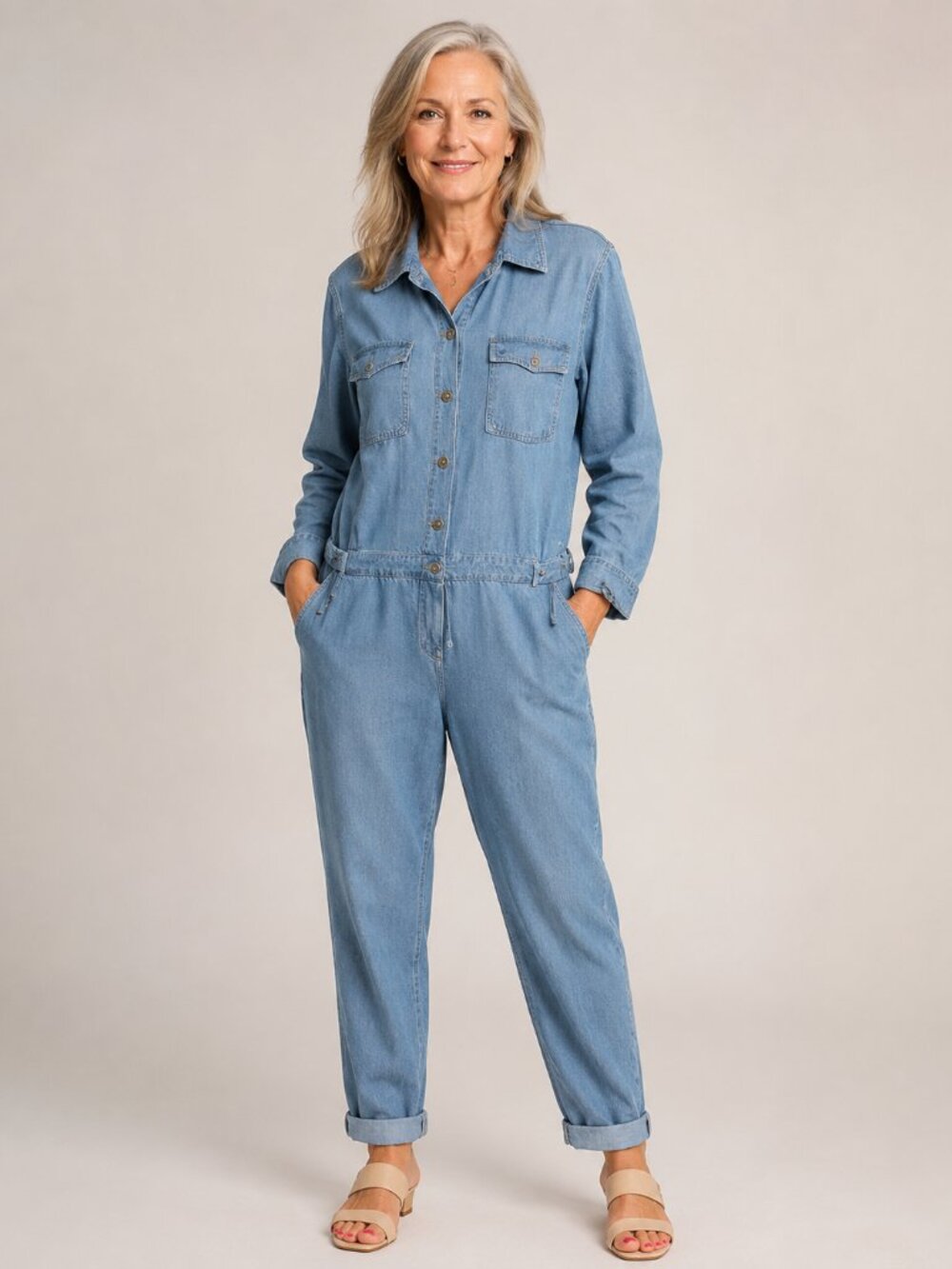 Michael Kors Denim Lyocell Cotton Utility Jumpsuit Snap Pocket One Piece Sz XL